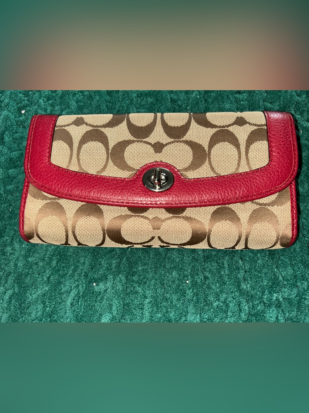 Coach Signature Canvas Wallet with Red Leather Trim
